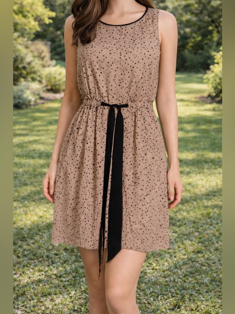 LOFT Petite XS Neutral Polka Dot Dress Tan Black Elastic Waist Lined Summer Mini